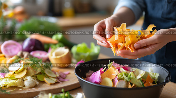 Chef prepares colorful vegetable scraps for a creative meal in a modern kitchen. Стоковое AI-изображение, AI-художник Сергей Толмачёв / Фотобанк Лори