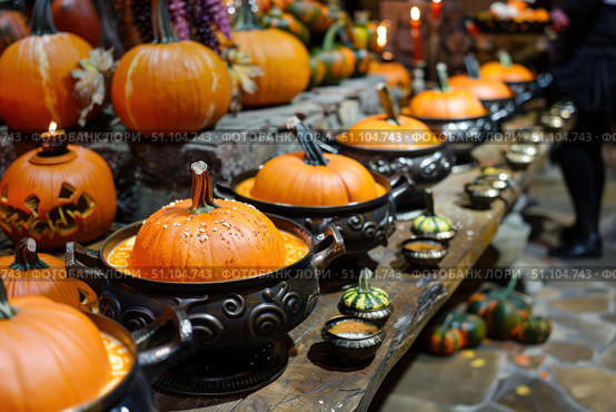 Chef preparing tasty pumpkin soup for halloween party in a medieval tavern. Стоковое AI-изображение, AI-художник Иван Рябоконь / Фотобанк Лори