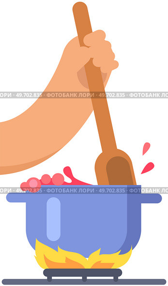 Chef with spoon and soup pot on stove. Person preparing dish, tasting meal, working with kitchen equipment to prepare food. Character mixes ingredients of hot dish. Hand cooking soup or sauce. Person preparing meal. Character mixes ingredients of hot dish. Hand cooking soup or sauce. Стоковая иллюстрация, агентство Ingram Publishing / Фотобанк Лори