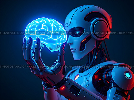 Человекоподобный робот держит в руке мозг. Стоковое AI-изображение, AI-художник Boostport / Фотобанк Лори