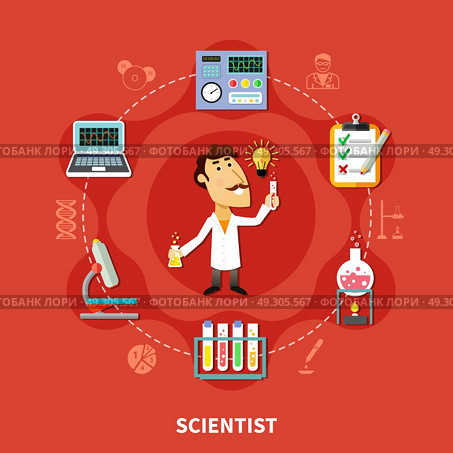 Chemical Scientist Inventor. Scientist inventor in research laboratory, man in the circle of chemical icons, flat vector illustration. Стоковая иллюстрация, агентство Ingram Publishing / Фотобанк Лори