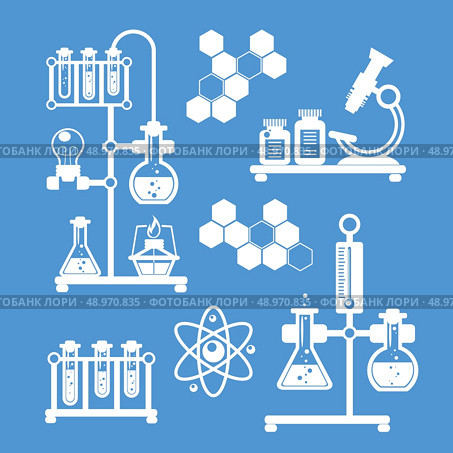 Chemistry decorative icons white set with laboratory flasks tubes isolated vector illustration. Стоковая иллюстрация, агентство Ingram Publishing / Фотобанк Лори