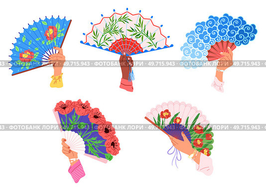 Chenese and Japanese hand fan. Vector illustration. A beauty geishfan, symbol of exquisite charm A Chinese fan, melody of colors echoing distant past A handheld fan, unsung harbinger of relief. Chenese and Japanese hand fan. A Chinese fan, window to land of dragons and emperors A handheld fan, steadfast sentinel. Стоковая иллюстрация, агентство Ingram Publishing / Фотобанк Лори