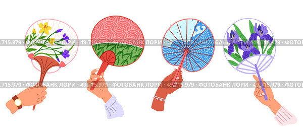 Chenese and Japanese hand fan. Vector illustration. A hand fan, modest tool singing cool melody A Japanese fan, kaleidoscope of culture A beauty geishfan, ode to eternal elegance A Chinese fan. Chenese and Japanese hand fan. A Chinese fan, operof ancient tales in vibrant colors A handheld fan, unsung melody. Стоковая иллюстрация, агентство Ingram Publishing / Фотобанк Лори