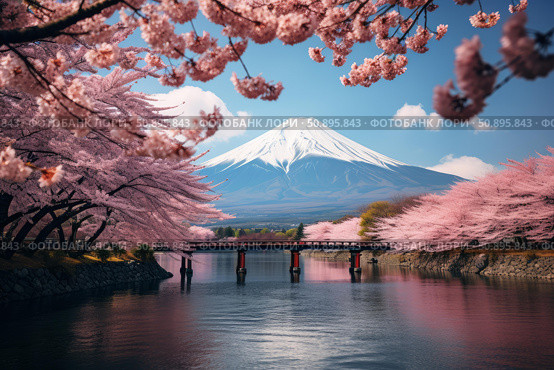 Cherry blossoms framing mount fuji reflecting on a river with a bridge in japan. Стоковое AI-изображение, AI-художник Иван Рябоконь / Фотобанк Лори