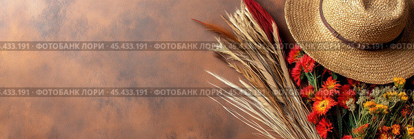 Чествование боливийского гран-подера с минималистской плоской соломенной шляпой и яркими цветами. Стоковое AI-изображение, AI-художник ФотоИнтеллект / Фотобанк Лори