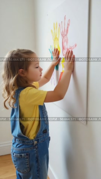 Child Joyfully Making Colorful Handprint Art on a Wall, Showcasing Child Development, Art Therapy, and Learning Activities. Стоковое AI-видео, аниматор Sergey Grishin / Фотобанк Лори