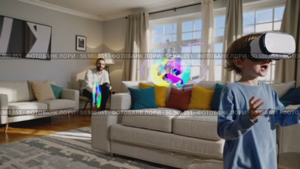 Children engaged in thrilling virtual reality adventure at home. Стоковое AI-видео, аниматор Владимир Федоров / Фотобанк Лори
