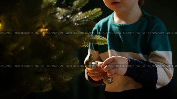 Children hands hang Christmas decoration on Christmas tree. Стоковое фото, фотограф Маргарита Кирьякова / Фотобанк Лори