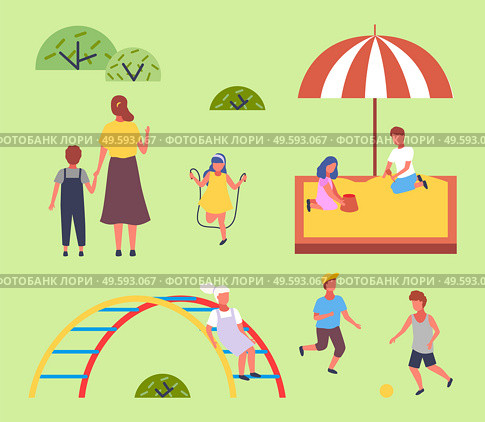 Children spending time at playground. Kids have fun, recreation outdoors at summer. Mother with son holding hands. Girl jump at jump rope. Friends in sandbox. Boys playing football. Girl at ladder. Children spending time at playground, kids have fun, jump rope, slide, sandbox, ladder, ball. Стоковая иллюстрация, агентство Ingram Publishing / Фотобанк Лори