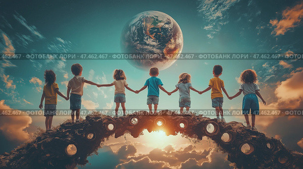 Children unite under a glowing sky with Earth in the background. Дети держатся за руки под светящимся небом с Землей на заднем плане. Стоковое AI-изображение, AI-художник Katsiaryna Repich / Фотобанк Лори