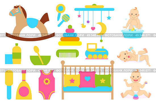 Children vector, plush horse on wooden stand, bowl with spoon. Crib cradle for kiddo with pillows, clothing and bottle, toys for abilities development. Baby with Duck in Soap Water and Kids Care Objects. Стоковая иллюстрация, агентство Ingram Publishing / Фотобанк Лори
