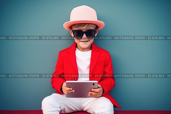 Children with gadgets, Alpha generation, Digital Aborigines - people born after the digital revolution and accustomed to gadgets from an early age. Стоковое AI-изображение, AI-художник Ирина Ручушкина / Фотобанк Лори