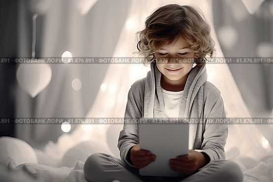 Children with gadgets, Alpha generation, Digital Aborigines - people born after the digital revolution and accustomed to gadgets from an early age. Стоковое AI-изображение, AI-художник Ирина Ручушкина / Фотобанк Лори