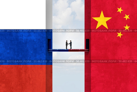 China Russia meeting and geopolitical support and economic Agreement as a Russian deal or Chinese negotiations and political pact between Moscow and Beijing concept with 3D illustration elements. Стоковое фото, агентство Ingram Publishing / Фотобанк Лори