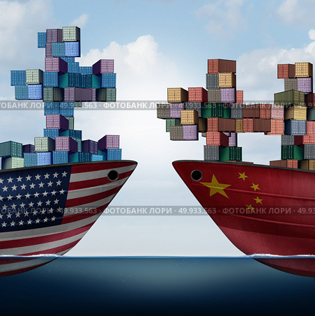 China United States trade challenge and American tariffs as two opposing cargo ships shaped as a puzzle as an economic taxation dispute over import and exports concept as a 3D illustration.. China United States Trade Challenge. Стоковое фото, агентство Ingram Publishing / Фотобанк Лори