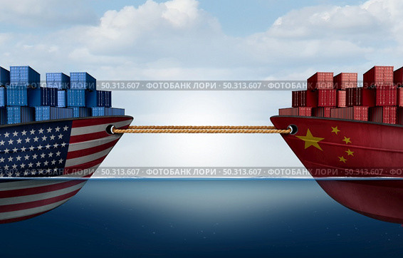 China United States tug of war trade fight and American tariffs as two interconnected opposing cargo ships tied together with rope as an economic  taxation dispute over import and exports concept as a 3D illustration. Стоковое фото, агентство Ingram Publishing / Фотобанк Лори