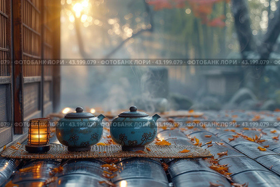 Chinese Ceremony. Brown ceramic pot and brown cup .Green tea on bamboo mat, aged wooden table. Japanese Tea - Hot Teapot And Teacups On Bamboo Mat. Стоковое AI-изображение, AI-художник Ирина Михайличенко / Фотобанк Лори