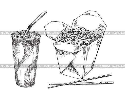 Chinese food noodles in box with chopsticks, refreshing drink with ice in disposal paper cup and with sipper. Takeaway monochrome icons set promo vector. Noodles in Box and Paper Cup Drink Sketch Icon Set. Стоковая иллюстрация, агентство Ingram Publishing / Фотобанк Лори