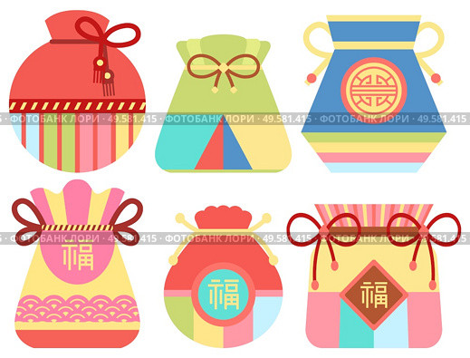 Chinese fortune bag vector, sac filled with items bringing luck and prosperity. Flat style oriental traditions and customs, fabric cloth set with threads and hieroglyphs symbolism in Asian countries. Fortune Bag for Luck Chinese Tradition Vector. Стоковая иллюстрация, агентство Ingram Publishing / Фотобанк Лори