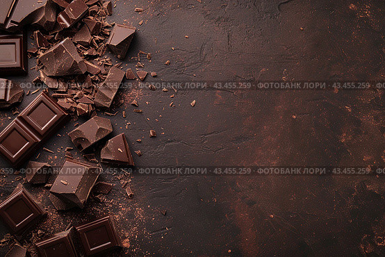 Chocolate bar and delicious chocolate on a brown backdrop. Composition of Broken chocolate bar and pieces texture background. Candy sweet dessert food. Different milk and dark chocolate, grated cocoa. Стоковое AI-изображение, AI-художник Марина Демидюк / Фотобанк Лори