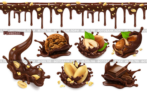Chocolate splashes with peanuts, hazel nuts, chocolate cookies. Seamless pattern. 3d vector realistic food objects set. Стоковая иллюстрация, агентство Ingram Publishing / Фотобанк Лори