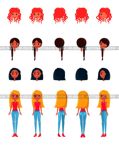 Choose appearance for animated girl character. Heads or hairstyles, blonde wavy, redhead braided hair set of woman looks vector isolated on white.. Choose Appearance for Animated Girl Character Set. Стоковая иллюстрация, агентство Ingram Publishing / Фотобанк Лори