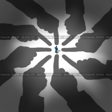 Choosing an employee or accusing a person as a businessman standing with the shadows of giant fingers pointing at the selected employee or candidate in a 3D illustration style. Стоковое фото, агентство Ingram Publishing / Фотобанк Лори
