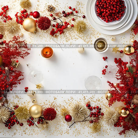 Christmas background with white red and gold color balls on white background Space for text, generated by AI. Стоковое AI-изображение, AI-художник Мария Шадрина / Фотобанк Лори