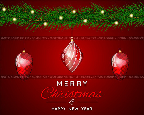 Christmas banner with fir tree branches, balls and garland. Christmas tree branches on a red background. Festive design for the winter holidays, events, discounts, and sales. Vector illustration. . Стоковая иллюстрация, агентство Ingram Publishing / Фотобанк Лори