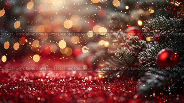 Christmas decoration border with fir branches and golden glitter confetti and sparkles of lights blur bokeh on red background. Bright Christmas and New Year design holiday frame, copy space. Стоковое AI-изображение, AI-художник Ирина Михайличенко / Фотобанк Лори