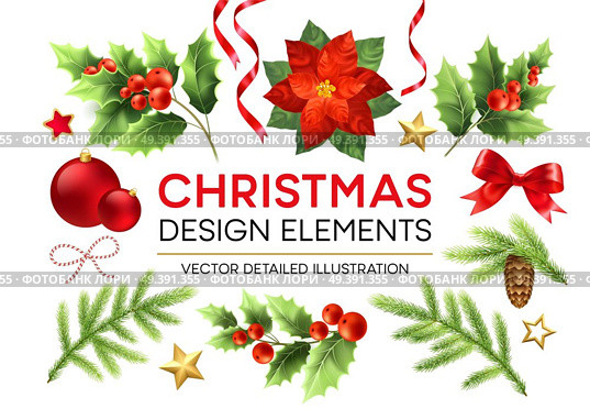 Christmas design elements set. Poinsettia, fir branch, mistletoe twigs with berries, pinecone design elements. Xmas decorations. Christmas ball, ribbon and bow. Isolated vector detailed illustration. Christmas design elements set. Стоковая иллюстрация, агентство Ingram Publishing / Фотобанк Лори