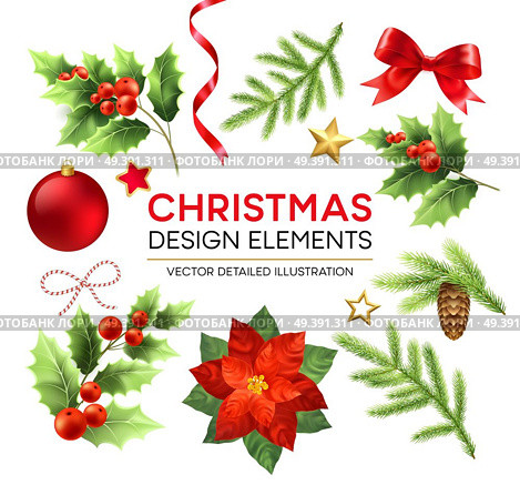 Christmas design elements set. Xmas decorations and objects. Poinsettia, fir branch, mistletoe berries, pinecone design elements. Christmas ball, ribbon and bow. Isolated vector detailed illustration. Christmas design elements set. Стоковая иллюстрация, агентство Ingram Publishing / Фотобанк Лори