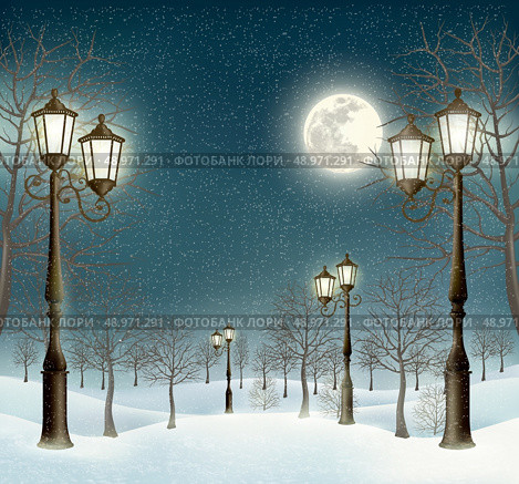 Christmas evening winter landscape with lampposts. Vector. . Стоковая иллюстрация, агентство Ingram Publishing / Фотобанк Лори