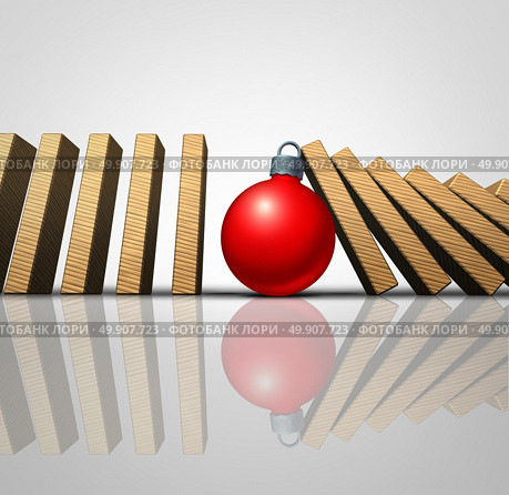 Christmas help and winter holiday support concept as falling domino pieces stopped by a supportive seasonal tree ornament as a volunteering metaphor for charity and philanthropy as a 3D illustration. Стоковое фото, агентство Ingram Publishing / Фотобанк Лори