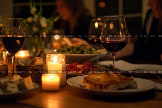 Christmas Holiday Dining. Festive table setting with exquisite wine and romantic candlelight at holiday gatherings. Cutlery set with intricate designs. Seasonal holiday dining background. Family Meal. Стоковое AI-изображение, AI-художник Марина Демидюк / Фотобанк Лори