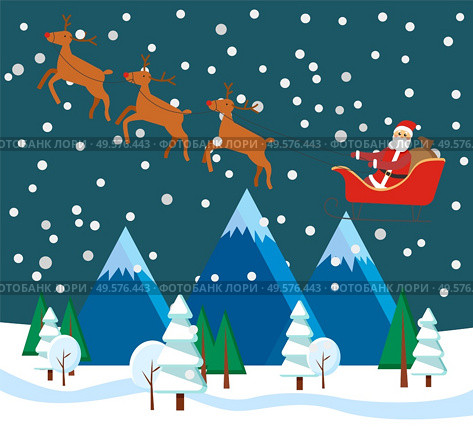 Christmas holidays with Santa Claus in carriage riding with reindeers. Xmas night with snowing weather and winter landscape above. Trees and mountains covered with snow. Christmas character vector. Christmas Winter Landscape with Santa and Reindeer. Стоковая иллюстрация, агентство Ingram Publishing / Фотобанк Лори