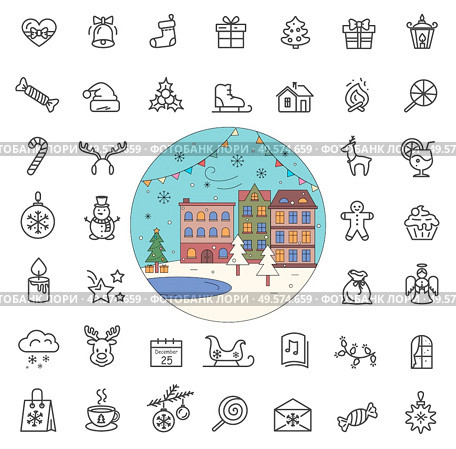 Christmas line icons set vector, street in wintertime. Presents and mistletoe, packages and candle with fire. Gingerbread man and cake traditional sweets on xmas in flat style minimal linear outline. Christmas Holiday Line Icons City Street in Winter. Стоковая иллюстрация, агентство Ingram Publishing / Фотобанк Лори