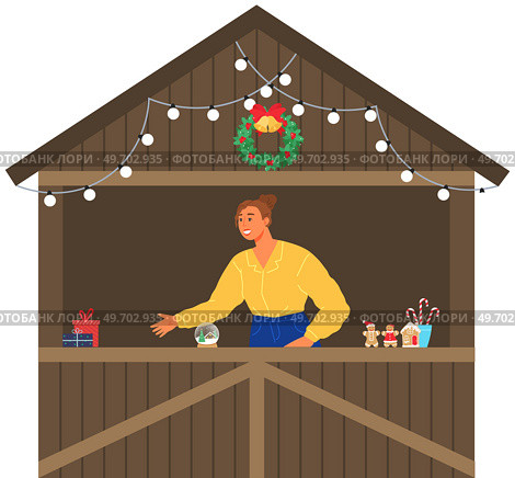 Christmas market kiosk with souvenirs. Woman selling presents and decorative items. Gifts and pine trees, socks in christmas store. Seller near stall decorated with garlands, winter symbols. Christmas market kiosk with souvenirs. Woman selling presents and decorative winter items. Стоковая иллюстрация, агентство Ingram Publishing / Фотобанк Лори