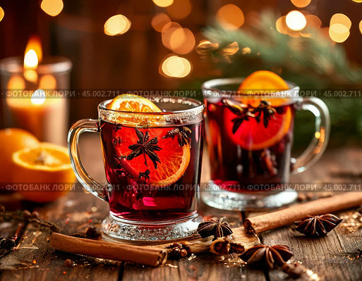 Christmas mulled wine (German: Glühwein) is a hot alcoholic drink based on red wine heated to 70–80 degrees with sugar or honey and spices (seasonings) Стоковое AI-изображение, AI-художник Сергей Елизарьев / Фотобанк Лори