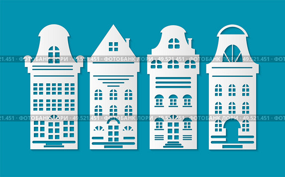 Christmas paper cut white holiday buildings. Window and door, floor and step, roof and chimney. Handmade decoration. Blue backstage vector illustration. Christmas Paper Cut White Holiday Buildings Vector. Стоковая иллюстрация, агентство Ingram Publishing / Фотобанк Лори