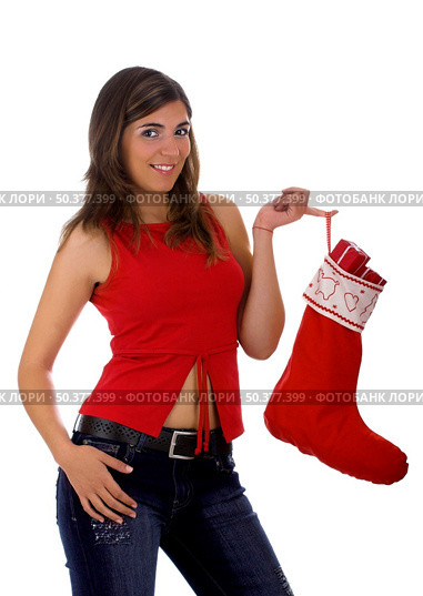 Christmas season! Different poses of a beautiful woman with a Christmas Socks full of small gifts inside. Стоковое фото, агентство Ingram Publishing / Фотобанк Лори