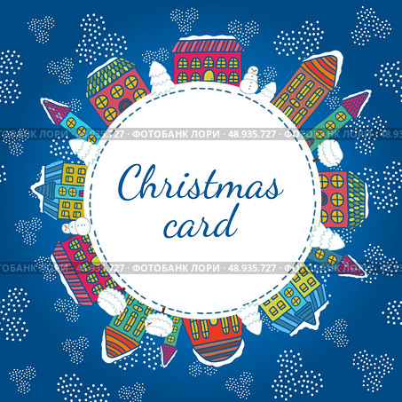 Christmas winter houses frame template vector illustration. Стоковая иллюстрация, агентство Ingram Publishing / Фотобанк Лори