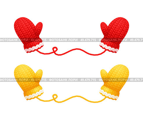 Chunky knitted gloves in red and yellow color with white stripe. Pair of woolen mittens in realistic design, winter outfit gauntlet, warm personal accessory. Chunky Knitted Gloves in Red Yellow Color Vector. Стоковая иллюстрация, агентство Ingram Publishing / Фотобанк Лори