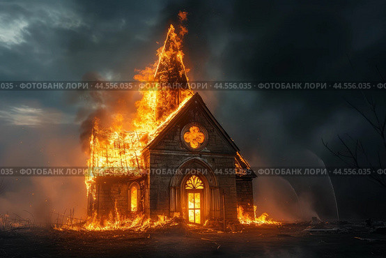 Church engulfed in flames at night. Стоковое AI-изображение, AI-художник Иван Рябоконь / Фотобанк Лори