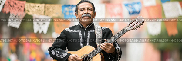 Cinco de Mayo mariachi musician with guitar in traditional suit and festive papel picado. Стоковое AI-изображение, AI-художник Анастасия Золотницкая / Фотобанк Лори