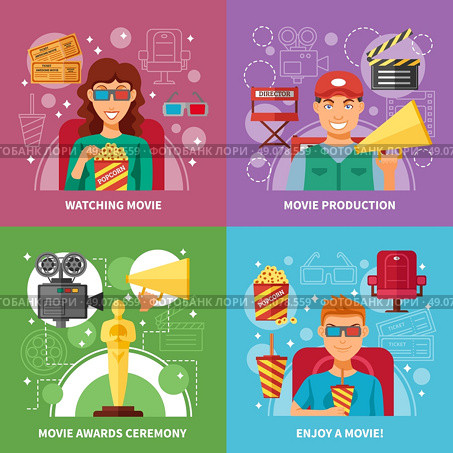 Cinema 2x2 Design Concept Set. Cinema 2x2 flat design concept set of movie production watching and awards ceremony with director viewers and oscar figurine vector illustration  . Стоковая иллюстрация, агентство Ingram Publishing / Фотобанк Лори