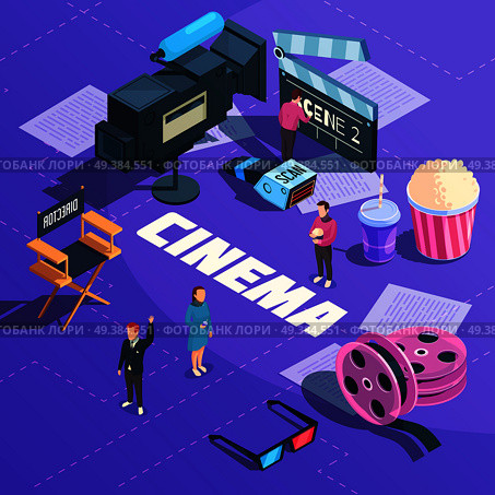 Cinema isometric composition on purple background with movie equipment, pages of script, staff, snacks vector illustration. Cinema Isometric Composition. Стоковая иллюстрация, агентство Ingram Publishing / Фотобанк Лори
