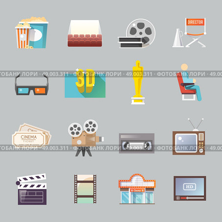 Cinema retro flat icons set. Movie theater cinema entrance retro tickets and 3d polarized glasses flat icons collection  abstract isolated vector illustration. Стоковая иллюстрация, агентство Ingram Publishing / Фотобанк Лори