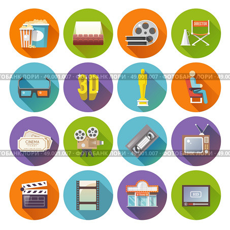 Cinema retro flat round icons set. Cinema movie prize winning film production retro flat round shadow icons set bobbin abstract isolated vector illustration. Стоковая иллюстрация, агентство Ingram Publishing / Фотобанк Лори